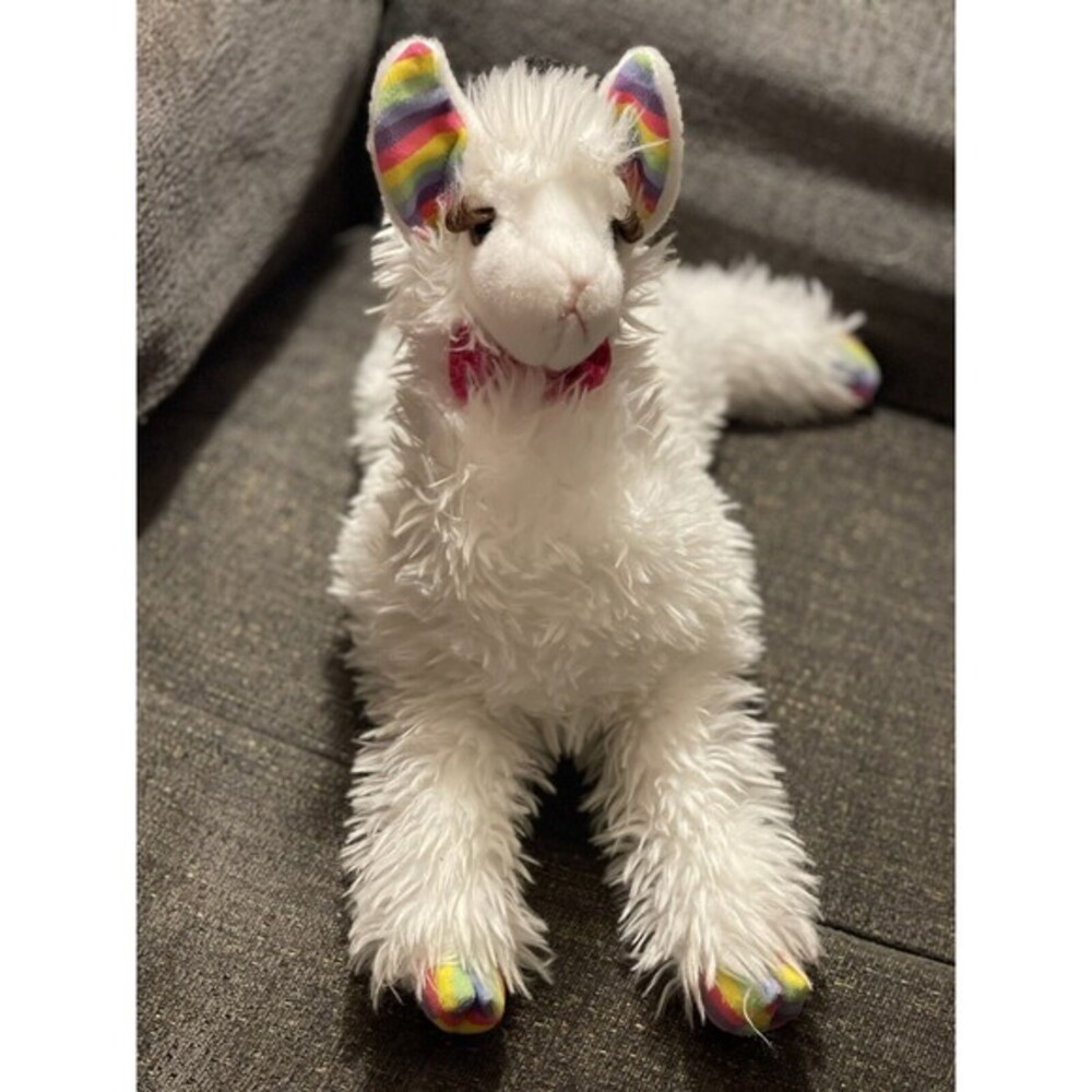 Douglas Cuddle Toy White Llama Plush Rainbow Ears Hooves Pink Sequin Bow 14 Inch